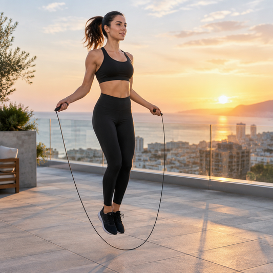 Escena ilustrativa de una persona entrenando con una comba en una terraza